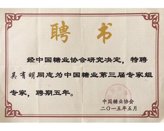 中國(guó)糖業(yè)協(xié)會(huì)專家組專家聘書